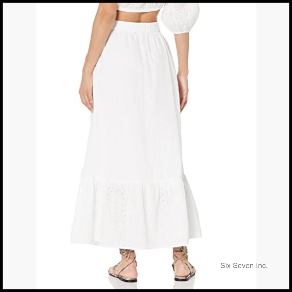Cotton Eyelet Tiered Midi Skirt, Elastic Waist Pull-On Casual - Picture 2 of 7